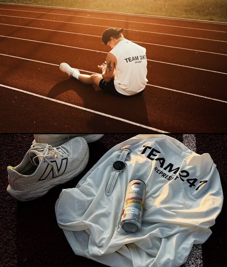 Runner sitting on a track at sunset, above a close-up of his shoes, shirt, watch and drink can