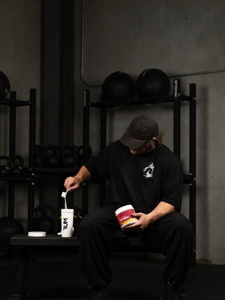 Man in a gym scooping powder into a shaker bottle
